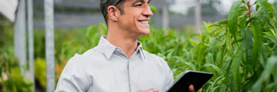 Engenheiro agrônomo analisando estufa